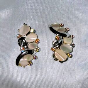Vintage Climber Clip-On Earrings MOP Discs, Austrian Crystal ABS Silver Plated